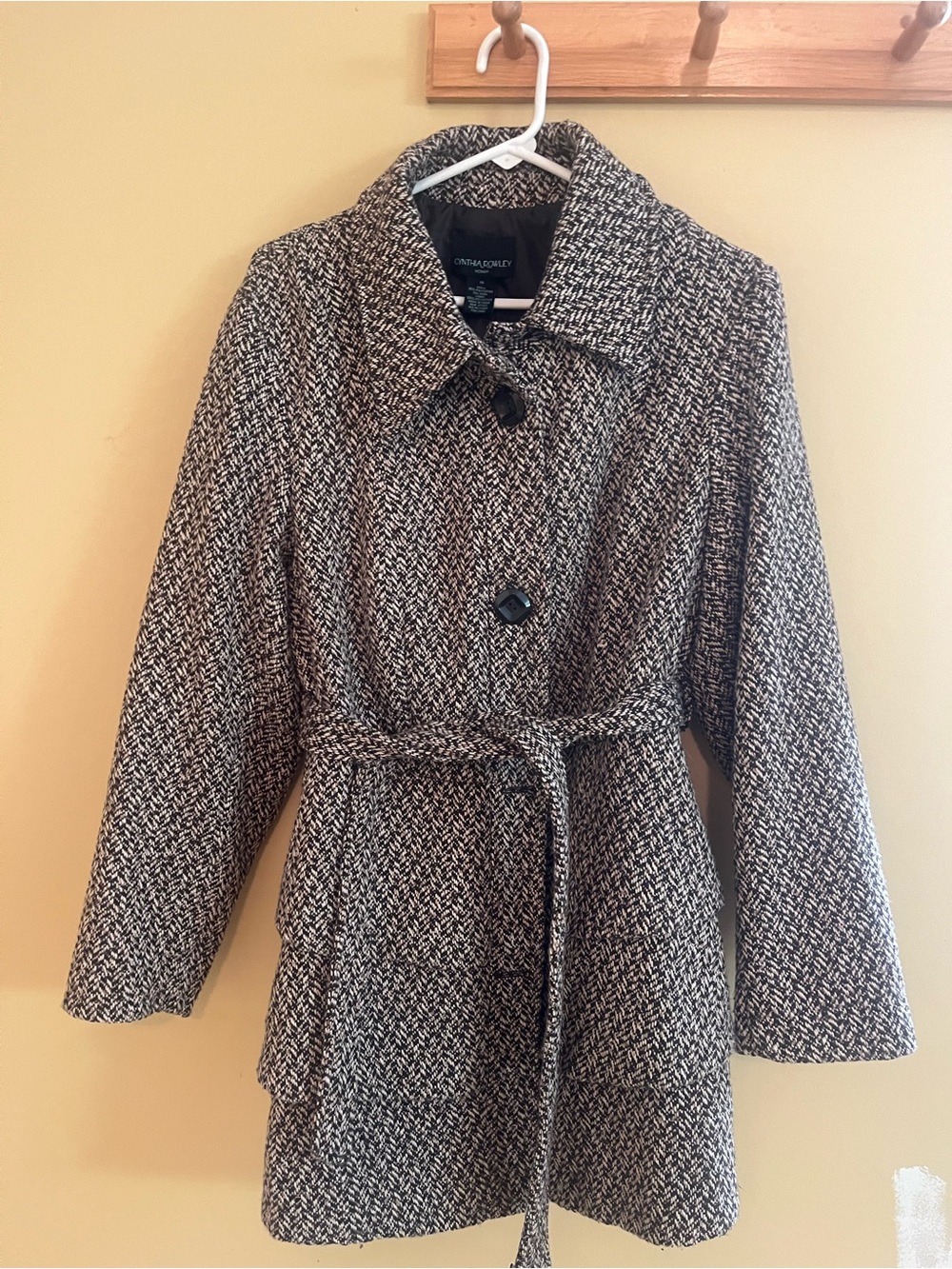 Cynthia Rowley Brown & Cream Herringbone Belted Wool-Blend Coat